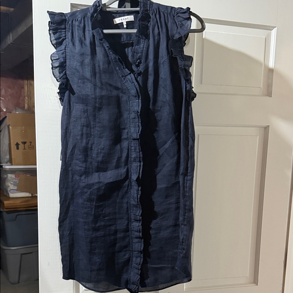 Navy Ruffled Sleeveless Dress Frame  linen
